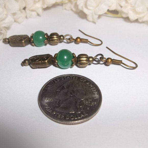 Handmade Beaded Dangle Boho Earrings Faux Jade Green Jewelry Set Gift NWT 5808 - Picture 5 of 8